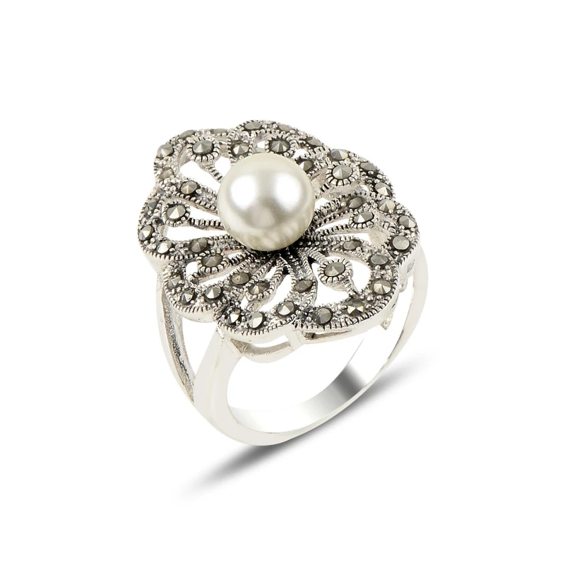

Silverlina Silver Pearl & Marcasite Ring