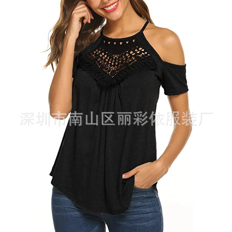 

2021 summer new lace off shoulder short sleeve T-shirt