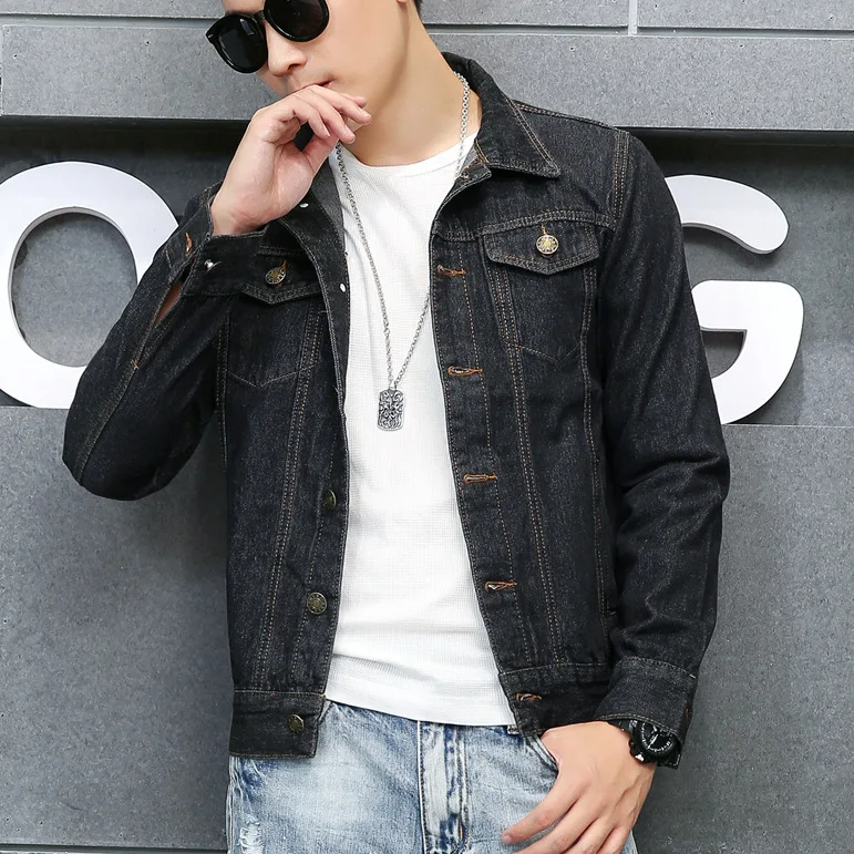 Мужская джинсовая куртка с лацканами однотонная Повседневная бомбер из денима