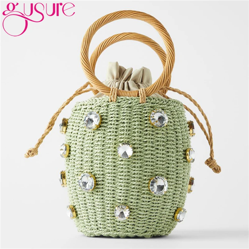 Gusure Green Diamonds Straw Handbags For Women Hand-woven Rattan Bag Female Tote 2021 New Summer Holiday Bohemia Beach |