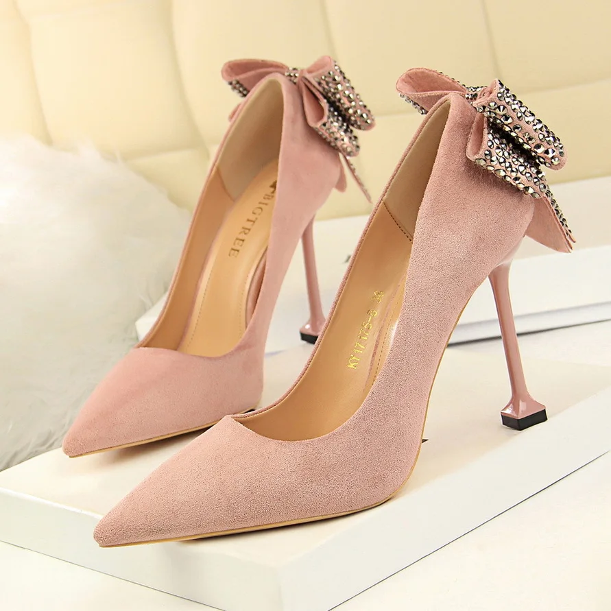 

Sweet Crystal Butterfly-knot Women Pumps Solid Flock Fashion Shallow High Heels Shoes Women's Party Shoe Pointed Toe