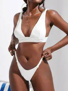 

Braided Straps Ribbed Tanga Cheeky Bikini Swimwear Solid Tanga Cheeky Bikinis Removable Pads White Bikini Set