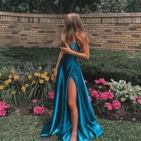 satin evening dresses 2022 blue long spaghetti strap backless sexy prom gowns pink side split long party gowns robes de soiree
