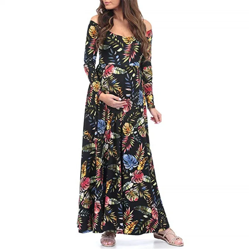 Black floral Модное платье для беременных с цветочным принтом; платье для беременных; платье для фотосессии; длинное платье для беременных; одежда для фотосессии для беременных женщин - Цвет: Black floral