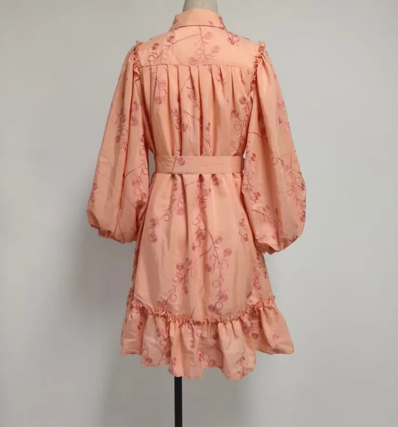 

2021 spring ladies fashion temperament lantern sleeve stand collar long sleeve embroidery mini dress sexy high waist skirt