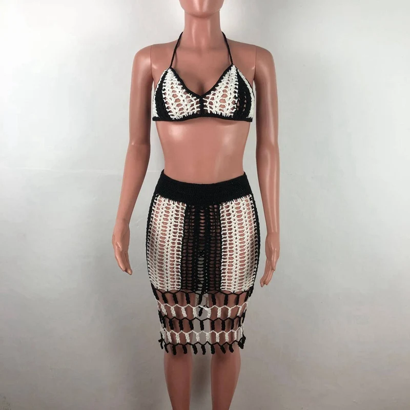 S-XXL Crochet Beach Cover Up Women Beach Dress Fishnet Beachwear Bikini Cover Up Two Piece Swimsuit Plus Size Beach Wear 2020