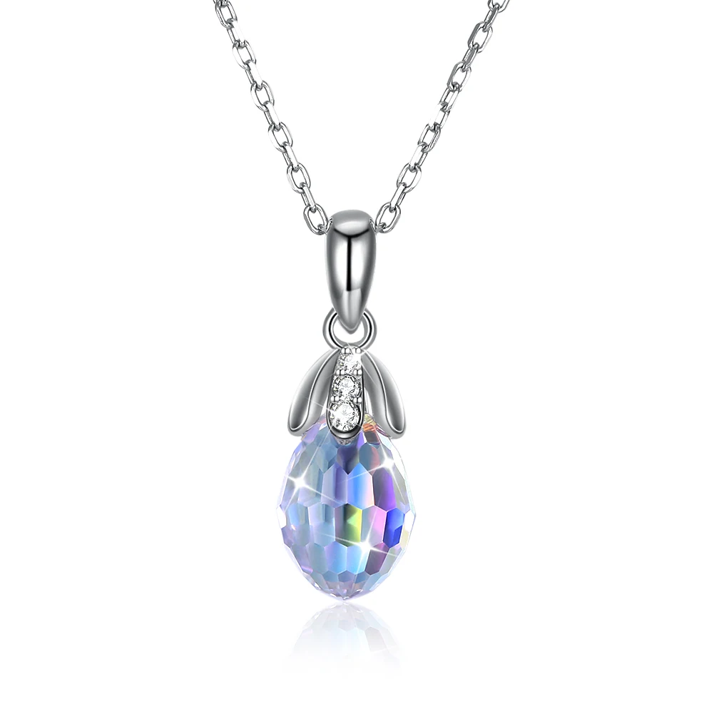 

SILVERHOO Women's 925 Sterling Silver Pendant Necklaces Drop-Shaped Colored Austria Crystal And Cubic Zirconia Wedding Necklace