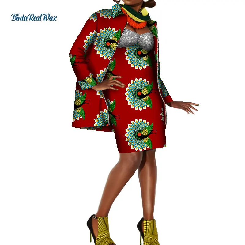 2 Pcs Coat and Dress Sets African Dresses for Women Knee Length Vestidos Bazin Riche Ankara Coat Jacket African Clothes WY8411