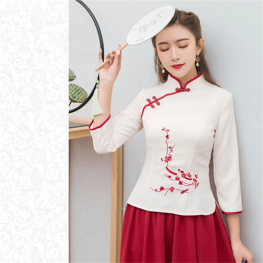 Традиционная китайская одежда для женщин новые юбки Cheongsam Топ Hanfu Новогодняя винтажная китайская рубашка Стиль Тан костюм
