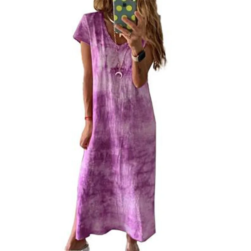 

2021 spring summer hot sale short-sleeved V-neck loose slit printed women's dress