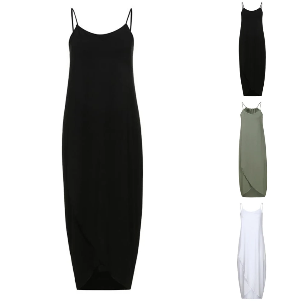 Женское летнее свободное одноцветное длинное платье без рукавов на бретелях