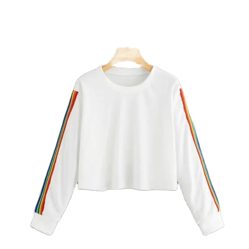 

ZOGAA Rainbow Striped Patchwork Hoodie O-Neck Long Sleeve Casual Short Sweatshirt Fashion Sexy Womens Pullover Tops Harajuku
