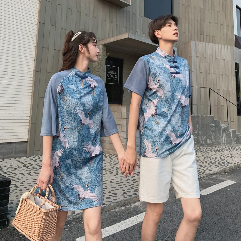 Женский и мужской костюм традиционный китайский Чонсам с принтом журавль Qipao Hanfu