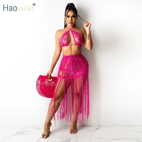 haoyuan sexy sheer two piece skirt set swimsuit crop top tassel midi dresses for women beach rave outfit clubwear matching sets
