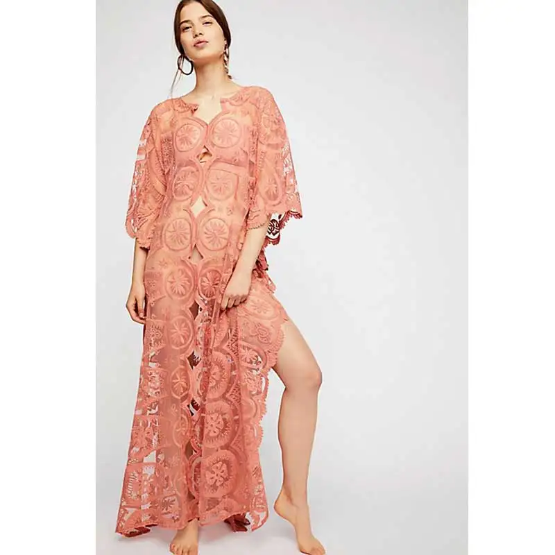 Богемный Вдохновленный кружева Кафтан Макси пляжное платье сетка вышивка