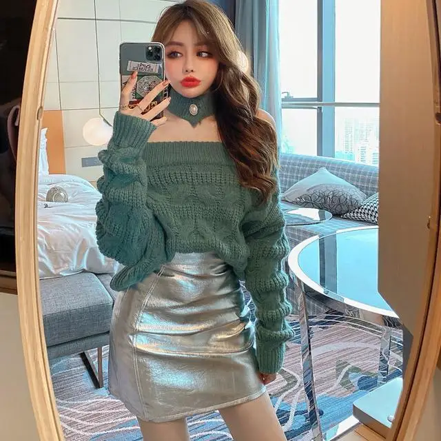 

Women 2021 Autumn Winter Fashion Two Piece Sets Female Sexy Solid Color Sweater Tops Ladies High Waist Slim Skirts Suits W690