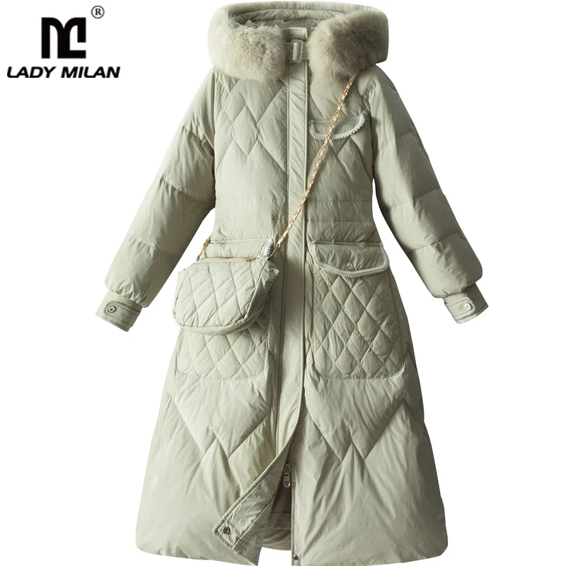 

Women's White Duck Down Coats Detachable Fur Front Pockets Elegant European Style Winter Outerwear Parkas
