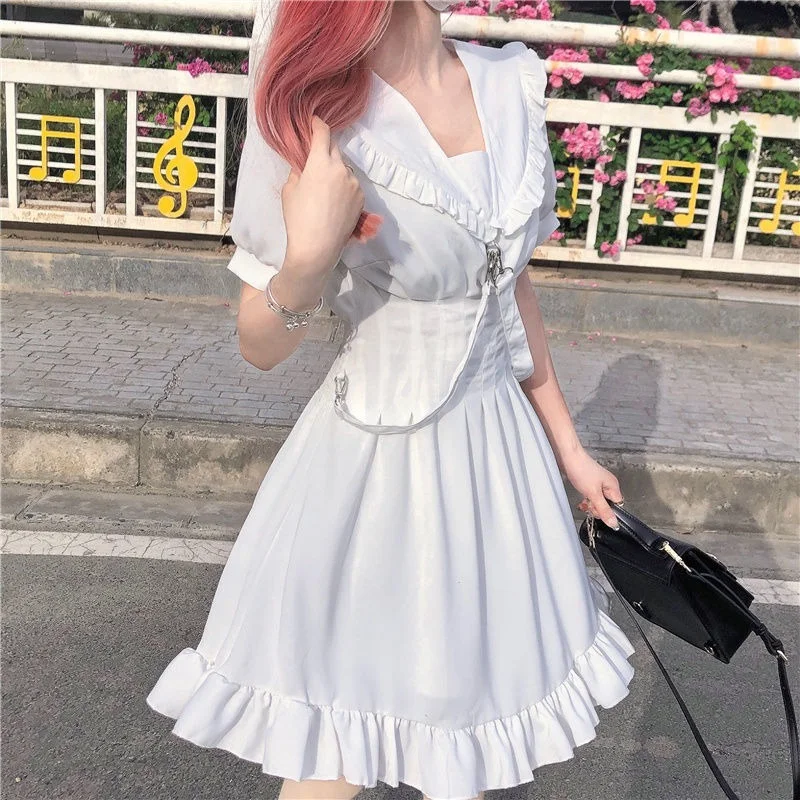 

QWEEK Kawaii Lolita White Mini Dress Women Preppy Style Sweet Ruffle Short Dresses 2021 Harajuku Peter Pan Collar Cute Clothes