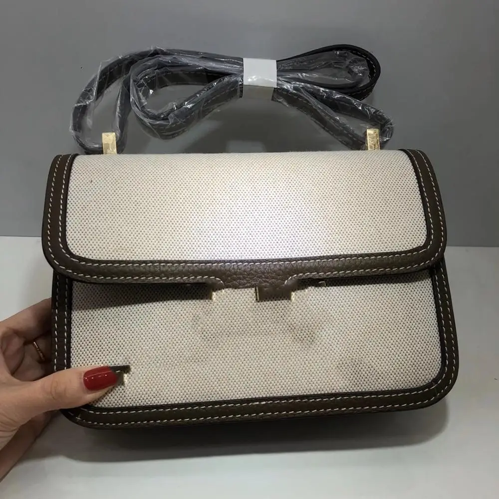 

2020 New Flight Attendant Bag Canvas Border Stitching Small Square Bag Female H Buckle Shoulder Messenger Leather Fashion Trend