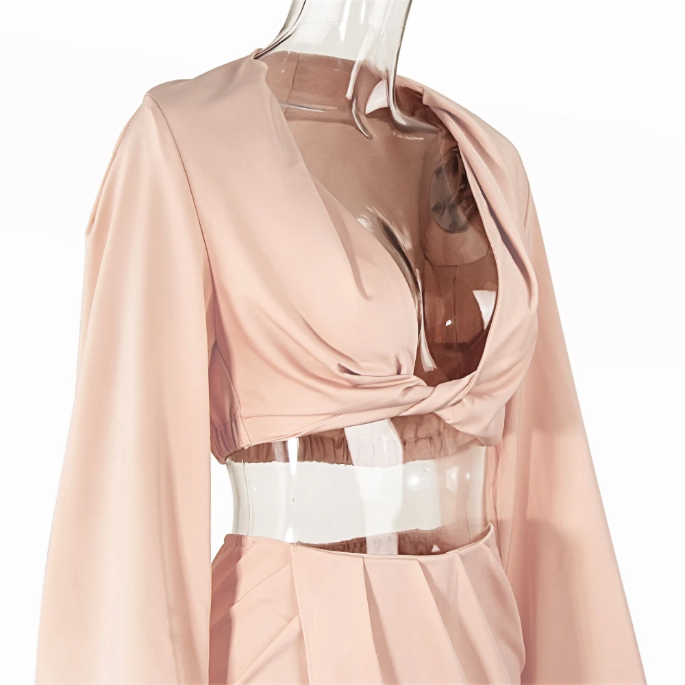 

Elegant 2 Piece Vestidos Outfits Sexy Knot Blouse Crop Tops And Draped Split Maxi Skirt Lady Date Outfits Matching Sets