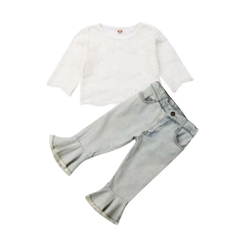 

Женский комплект одежды для маленьких девочек, летний Кружевной укороченный топ и джинсовые расклешенные длинные брюки, милые наряды в ули...