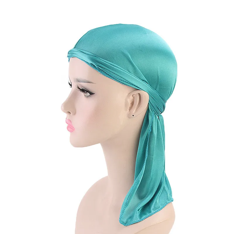 

Long Tail Silky Durag Scarf Muslim Doo Rag Pirate Hat Durag Chemo Caps Skull Hat Turban Hair Band Bandanas 14 Colors