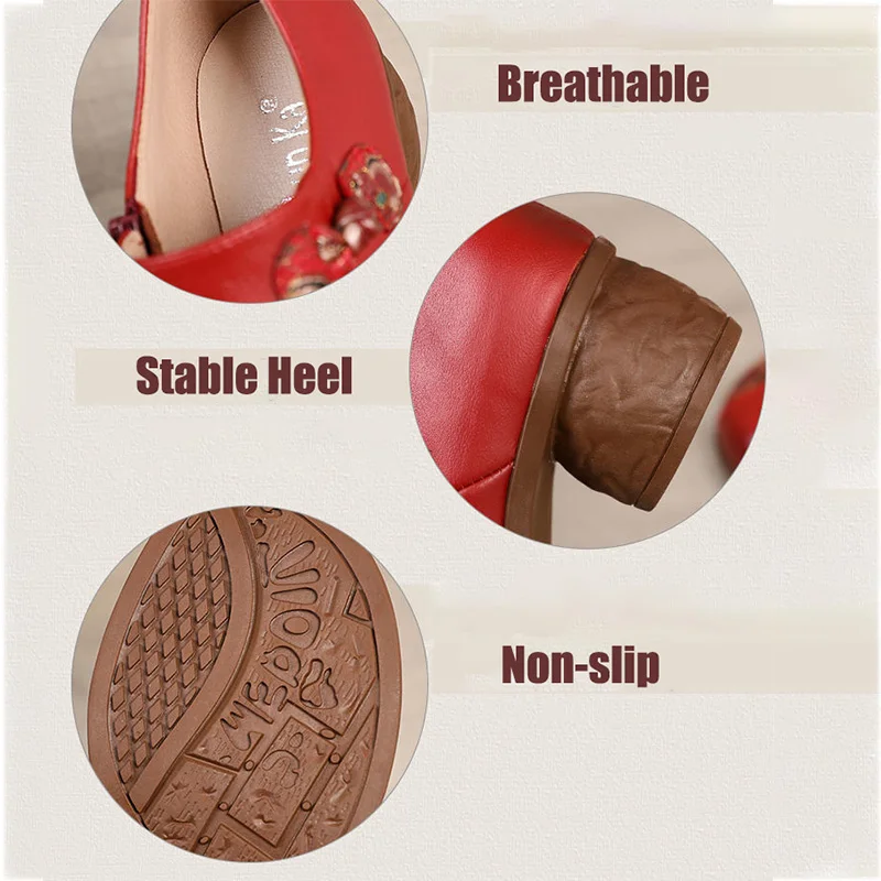 Retro Flower Print Boho Shoes On Heels Red Woman Pumps Genuine Leather Women's Medium Heels Designer Ladies Pumps Women Shoes