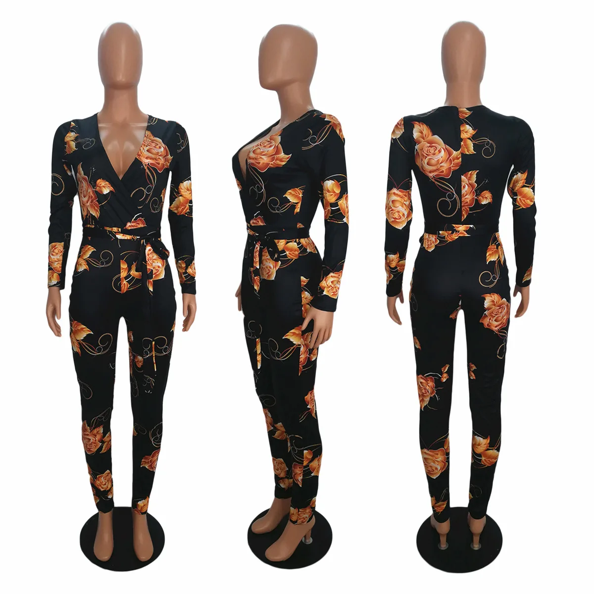 

Floral Printing Women Sexy Clubwear Jumpsuits 2021 Spring New Arrivals Lady's Deep V-neck Sashes Lace-Up Skinny Rompers