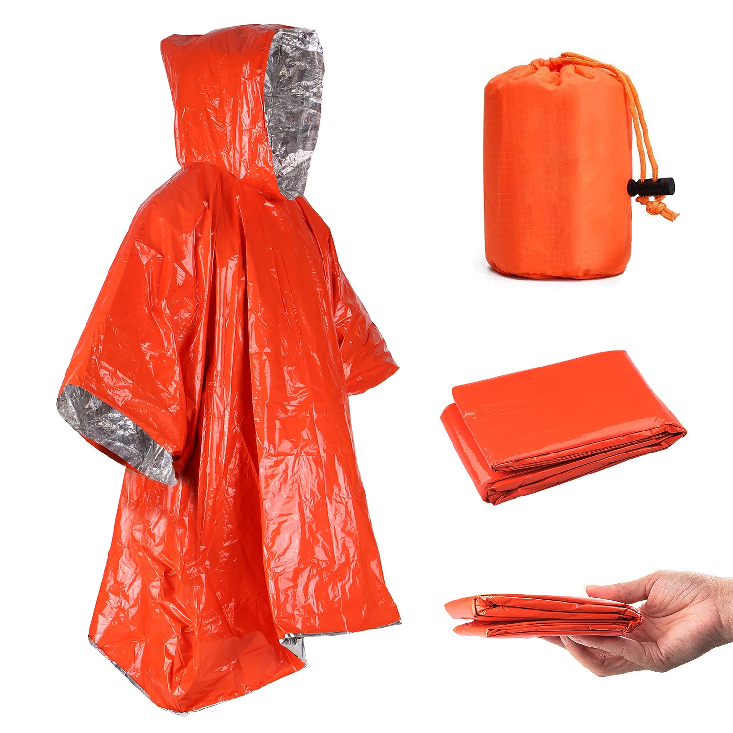 

Orange Emergency Raincoat Aluminum Film Disposable Poncho Cold Insulation Rainwear Emergency First Aid Blankets
