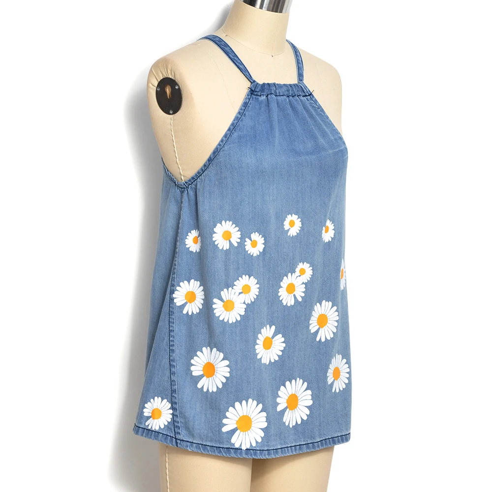 Майка женская джинсовая с принтом подсолнухов Длинный топ лямкой через шею