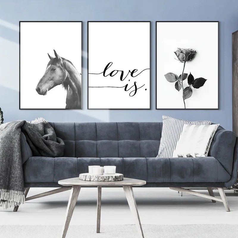 

Nordic Black and White Leaf Animal Horse Simple Letter Painting Core Art Pastoral Green Plants Living Room Decorative Painting