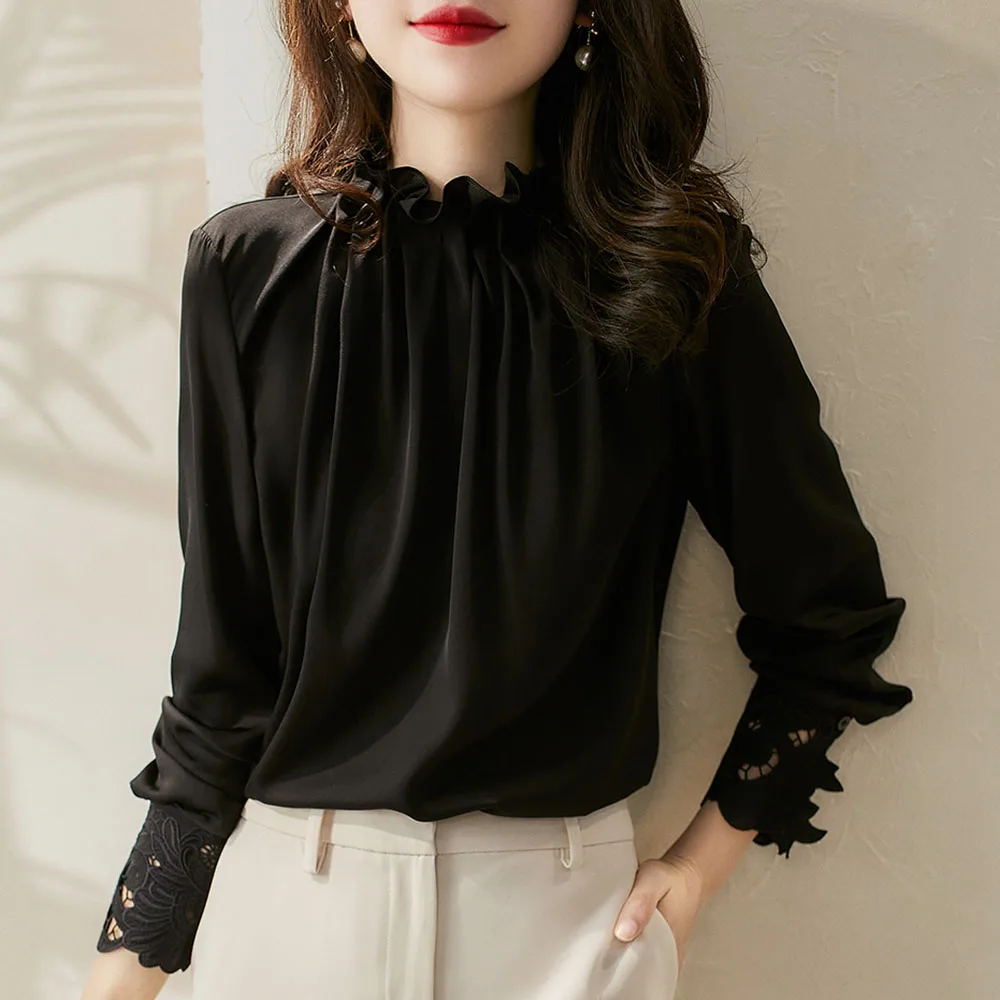 

Blouse Plain Stand Collar Women's Fashion Long-sleeved Simple Shirt Elastic Collar Loose French Silk Shirt 2021 New Style Office