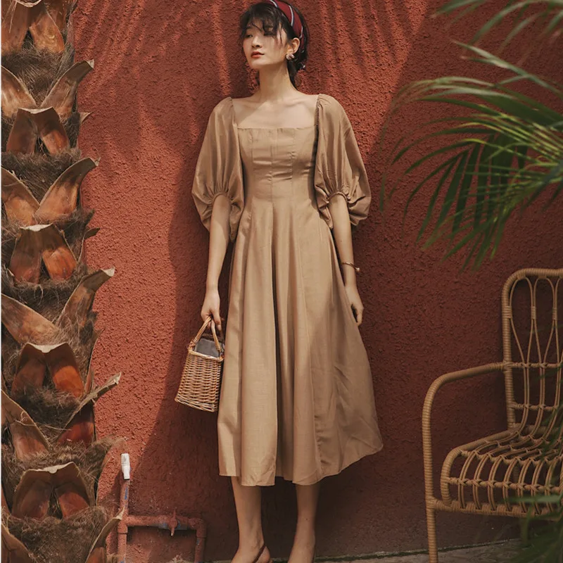 LANMREM sqaure воротник пышные рукава половина длины Высокая талия трапециевидный