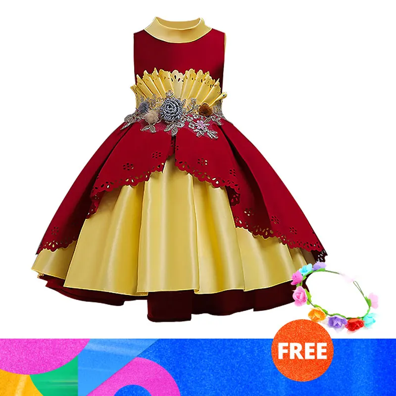 wine red Платье для маленьких девочек от 3 до 10 лет, vestidos, Рождественская праздничная одежда принцессы элегантные платья с кружевными лепестками для детей, костюмы для свадебной вечеринки - Цвет: wine red