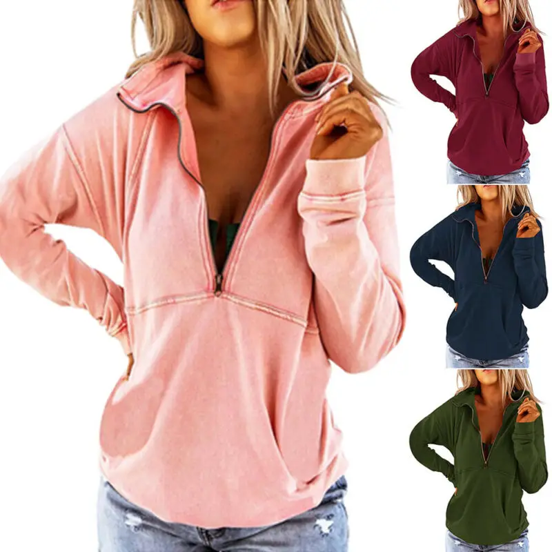 

Women Plain Long Sleeve Hoodie Zip Up Hooded Loose Sweatshirt Pullover Tops Coat