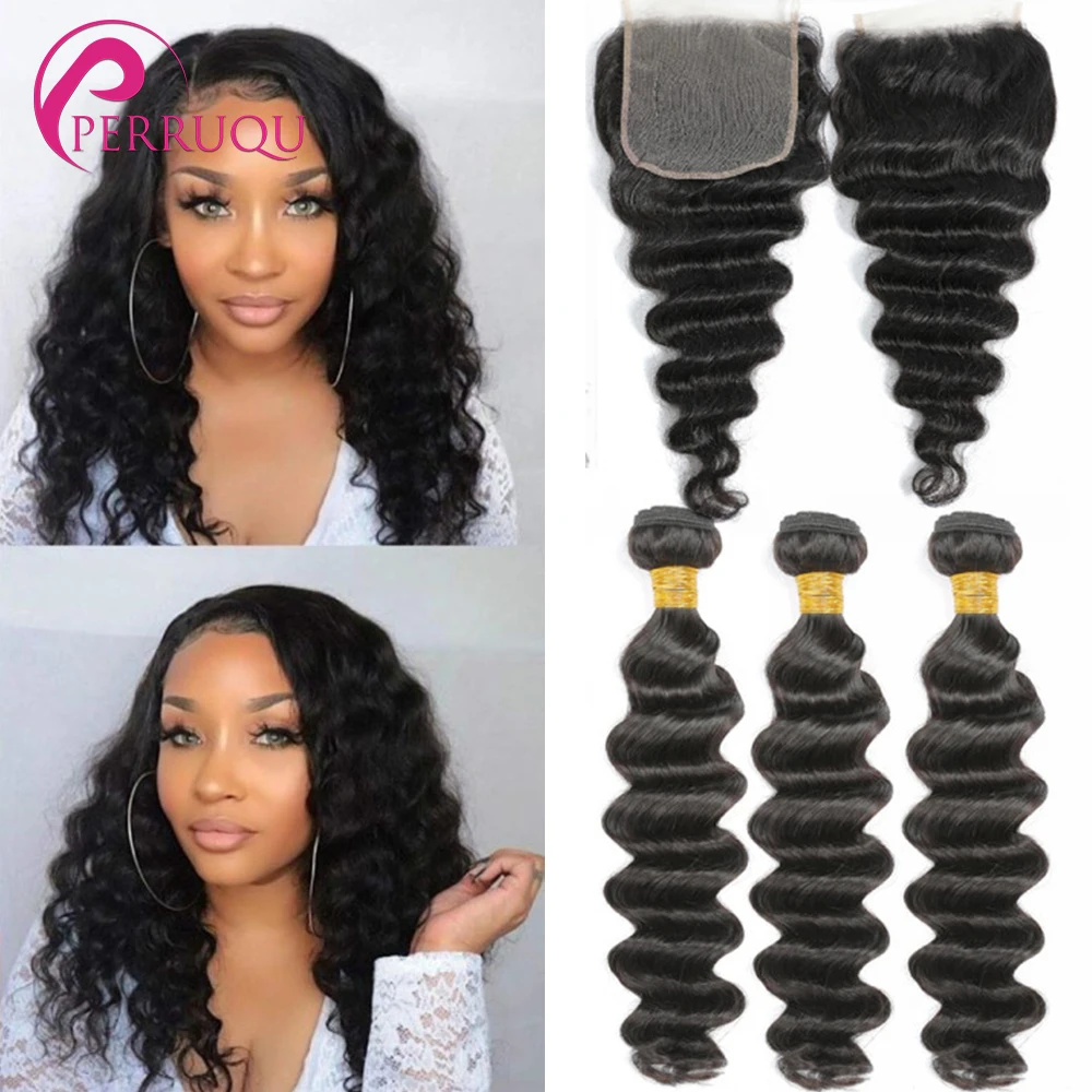 30 40 Inch Loose Deep Wave Bundles With Closure Brazilian Remy Human Hair Weave Bundles With Frontal 4X4 5X5 6X6 HD Lace Closure