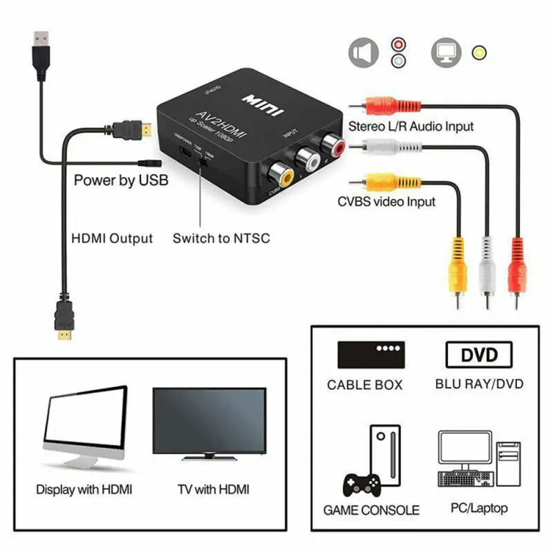 Преобразователь AV в HDMI композитный преобразователь с HD видео RCA AV/CVSB L/R 1080P Mini