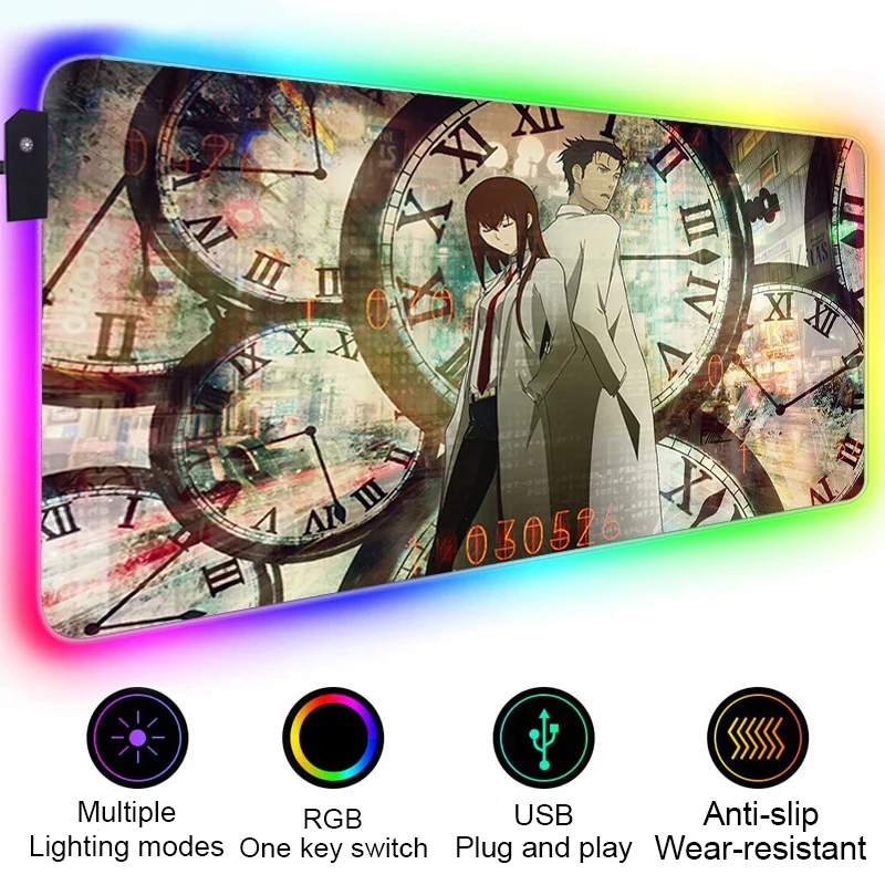 

RGB Mouse Pad Steins Gate Villain Computer Laptop Anime Keyboard Mouse Mat LED Mousepad Keyboard Gamers Decoracion LOL Desk Mat