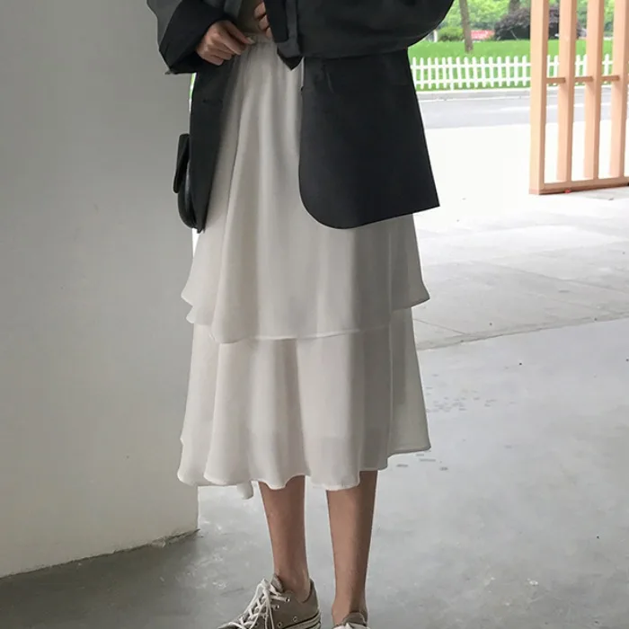 

2 Colors Midi Skirts 2019 Summer Women's High Waist Chiffon Skirts Womens Ball Grown Cake Solid Color Long Skirts Womens