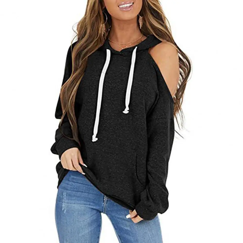 

65% Dropshipping!!Women Top Hoodies Hooded Off Shoulder Autumn Pocket Drawstring Long Sleeve Sweatshirt for Sports