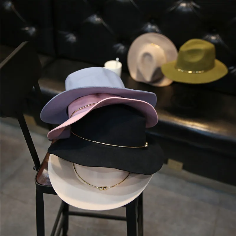 

01910-wei solid British Style winter wool Metal ring fedoras cap men women panama jazz hat