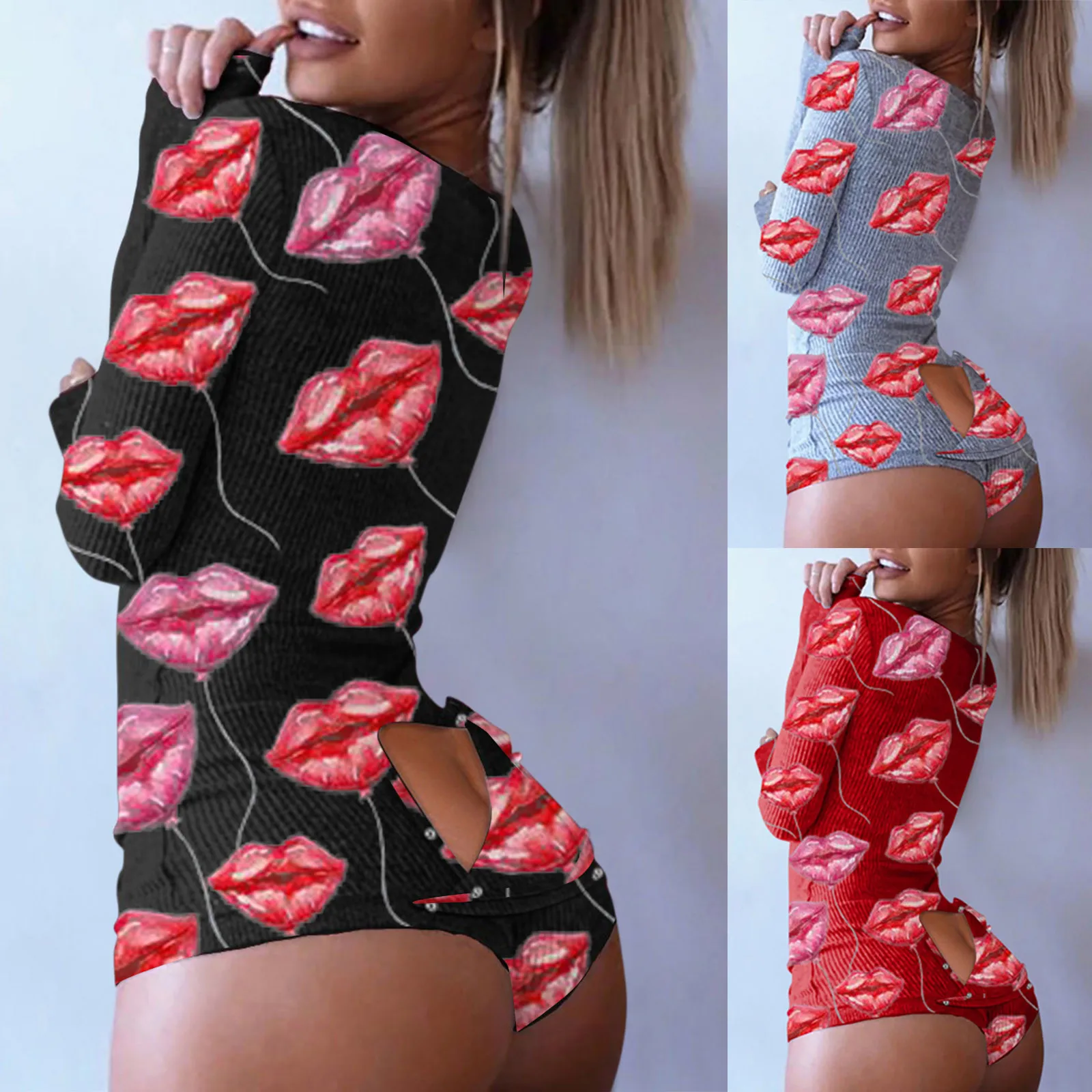 

Valentine's Day Knitted Romper Women Homewear Cute Deep V-Neck Long Sleeved Pajamas Female Ltp Pattern Button Jumpsuit A50