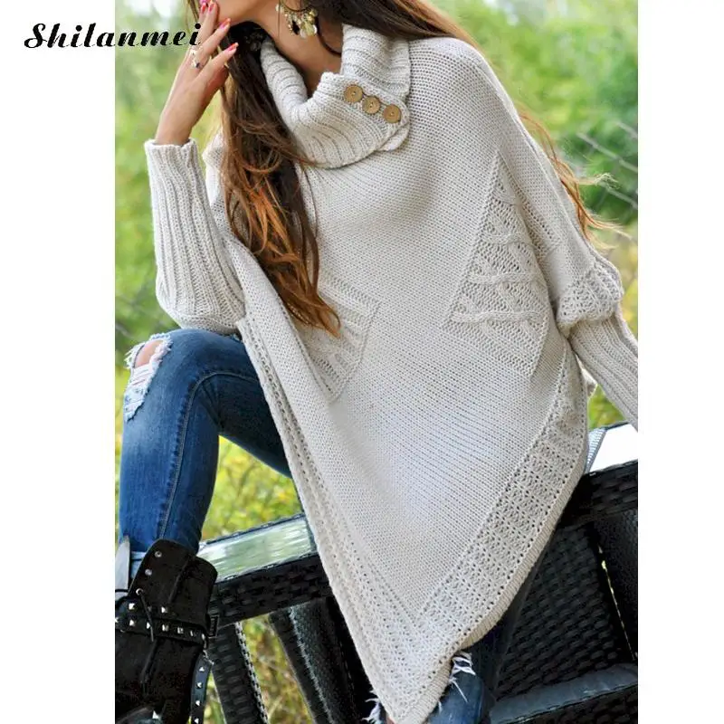 2019 Модный женский вязаный свитер пуловер средней длины с рукавом летучая мышь