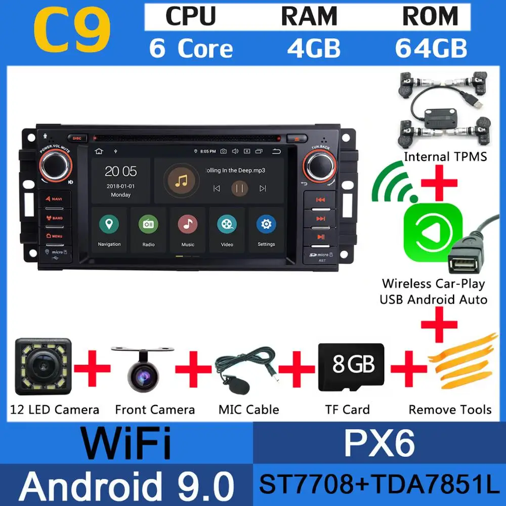 PX6 Wl CarPlay TPMS PX6 4G+ 64G Android 9,0 Автомобильный DVD радио gps для Jeep Wrangler Компас Commander Cherokee Dodge caliber путешествие Liberty CarPlay DSP - Цвет: PX6 Wl CarPlay TPMS