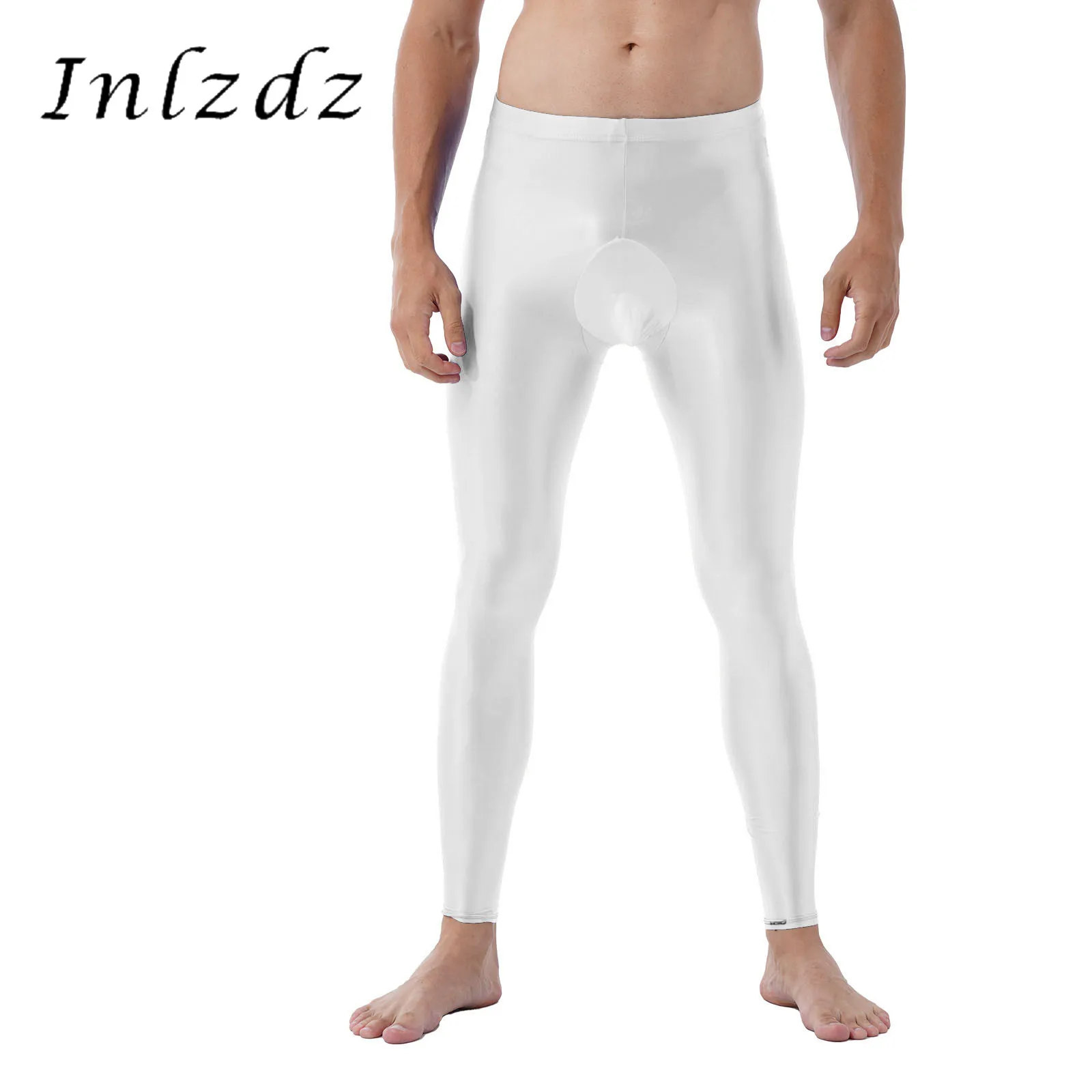 

Mens Sports Long Pants Glossy Bulge Pouch Elastic Waistband Leggings Solid Color Mid Waist Elastic Stretchy Skinny Pants