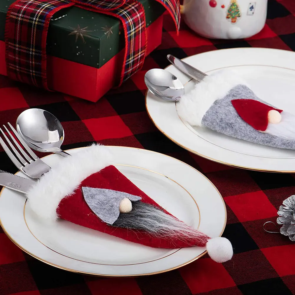 

12PCS Christmas Tree Cutlery Bags For Xmas Party Tableware Plush Holder Storage Decoration Christmas Hats Cutlery Ornament