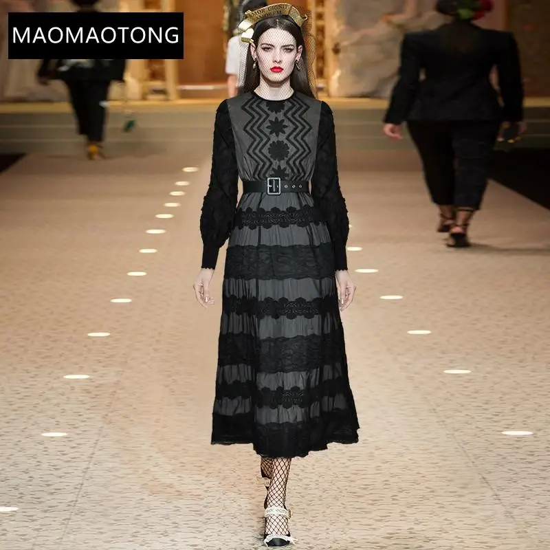 

Women's Clothing Fashion Designer Dress Spring Women's Dress Lantern Sleeve Mesh Embroidery Patchwork Lace Vintage Black Dresses