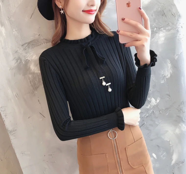 

Bowknot Ruffled Sweater Women's Pullover 2021 Autumn Winter New Turtleneck Vintage Slim Elasticity Knitted Sweater Female