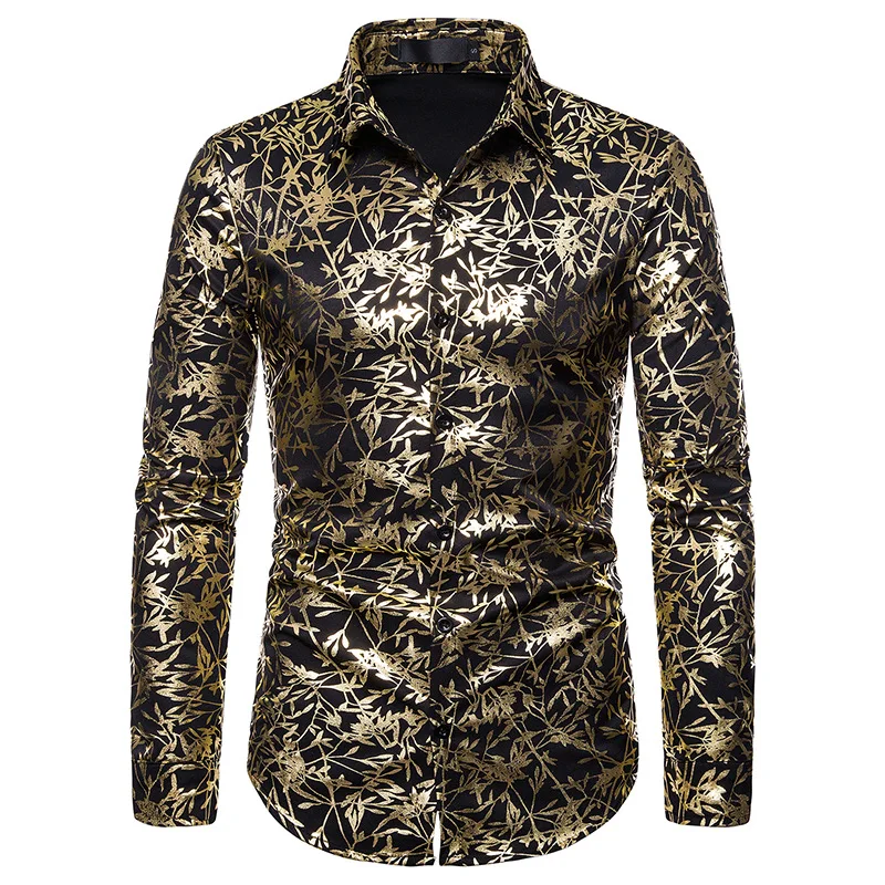 

Men's Nightclub Casual Button Down Dress Shirt Tuxedo Shirts 2022 Stylish Tree Branch Bronzing Shirt Men Slim Fit Chemise Homme