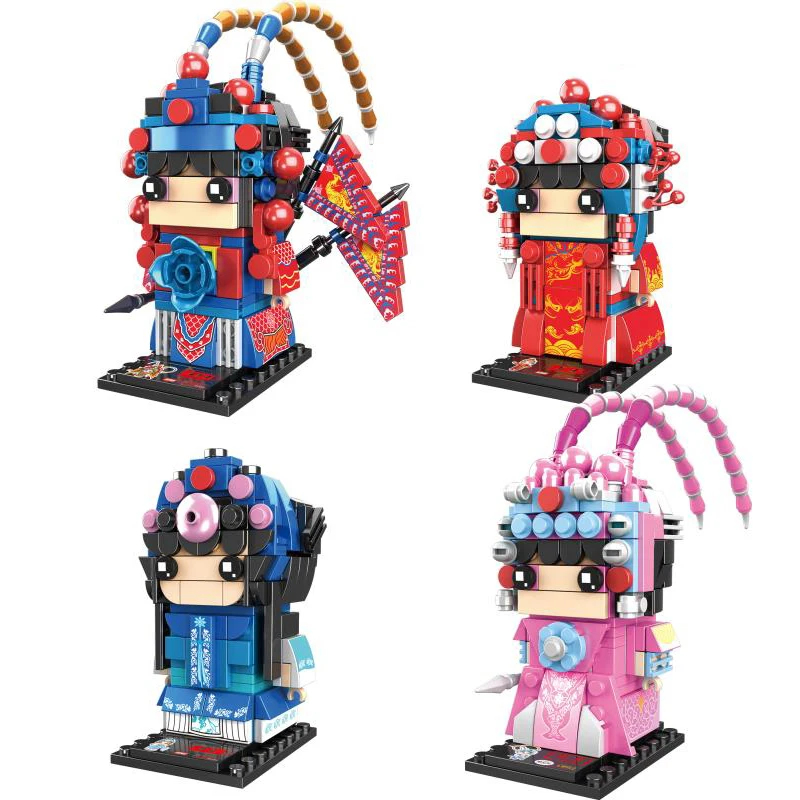 

4pcs/set China Peking Opera Dan horn Dandan Tsing Building Blocks Classic Square head bricks Brickheadz Figures Toy For Children